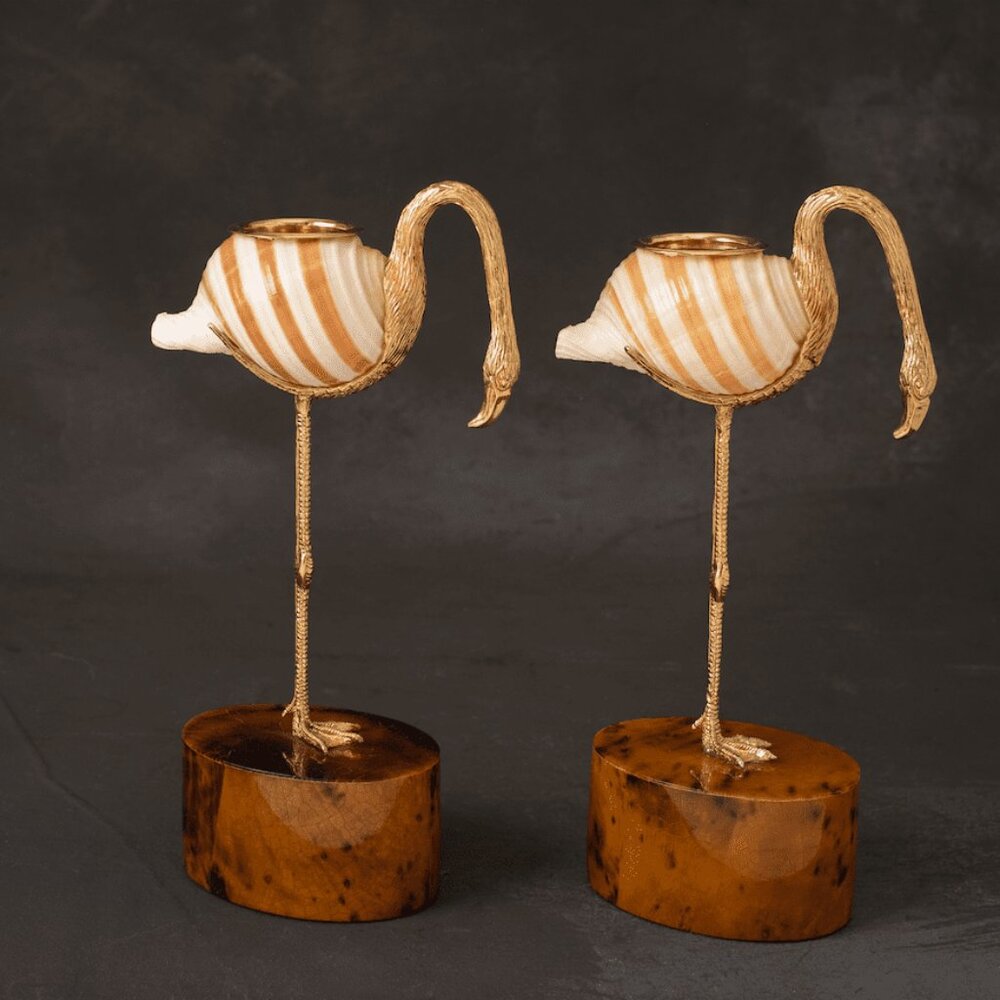 Gold Plated Flamingo Candle Holder with Tonna Sulcosa Shell